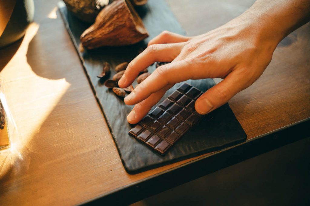 カカオやチョコレートの製造について説明するTribal Cacaoのオーナー橋本さん